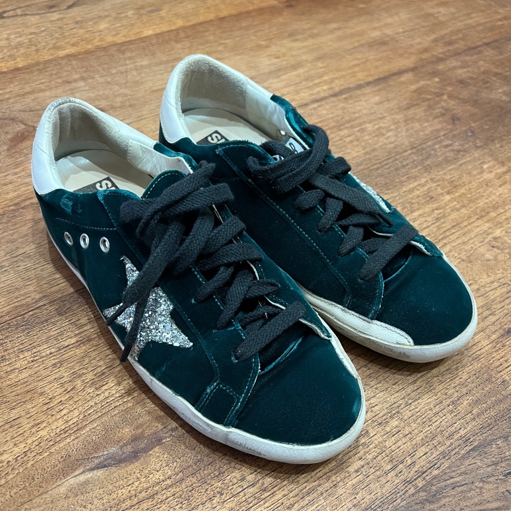 Golden Goose Green and White Athletic Shoes with Silver Star